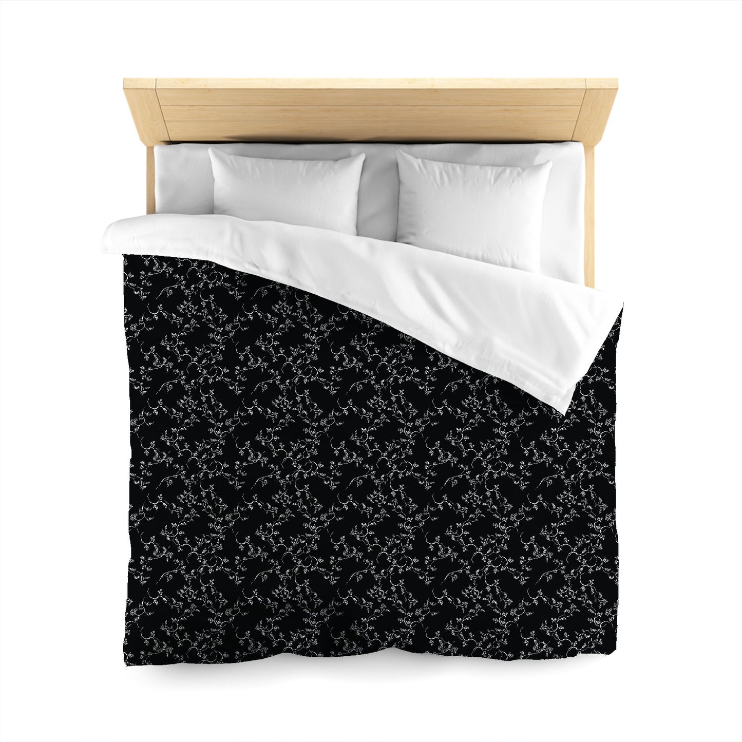 Black Cotton Sateen Duvet Cover, Off-White Hand-painted Vine Print, CSDU-1010-182, Queen - 229 x 229 cm / 90 x 90 inches