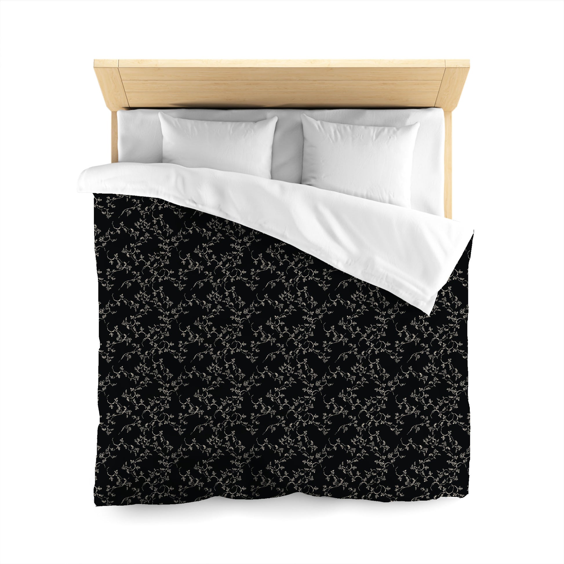 Black Cotton Sateen Duvet Cover, Beige Hand-painted Vine Print, CSDU-1015-182, Queen - 229 x 229 cm / 90 x 90 inches