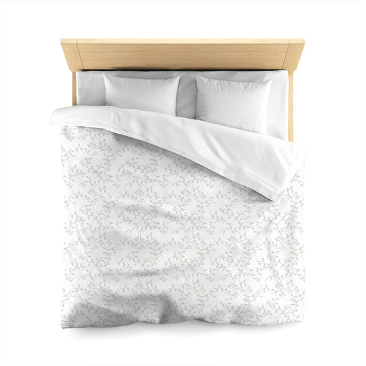 Off-white Cotton Sateen Duvet Cover, Green Hand-painted Vine Print, CSDU-1052-181, Queen - 229 x 229 cm / 90 x 90 inches