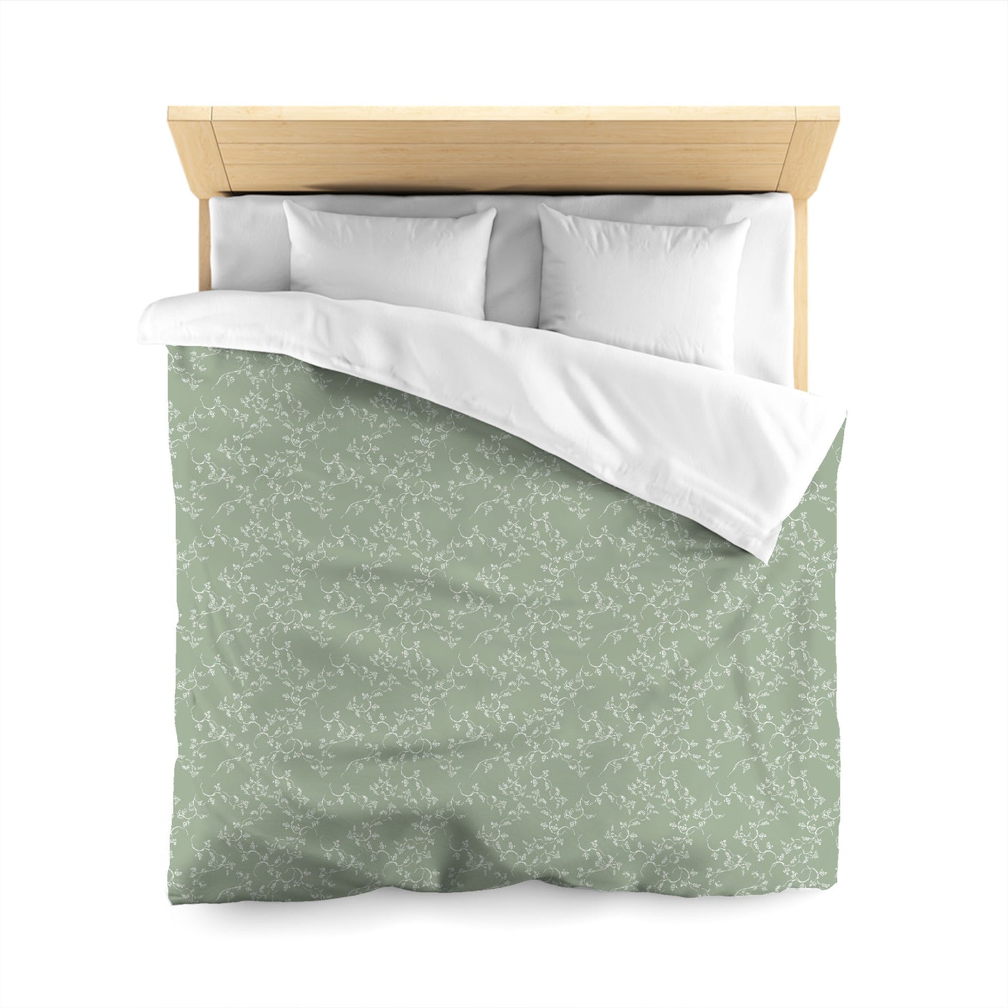 Green Cotton Sateen Duvet Cover, Off-white Hand-painted Vine Print, CSDU-1052-182, Queen - 229 x 229 cm / 90 x 90 inches