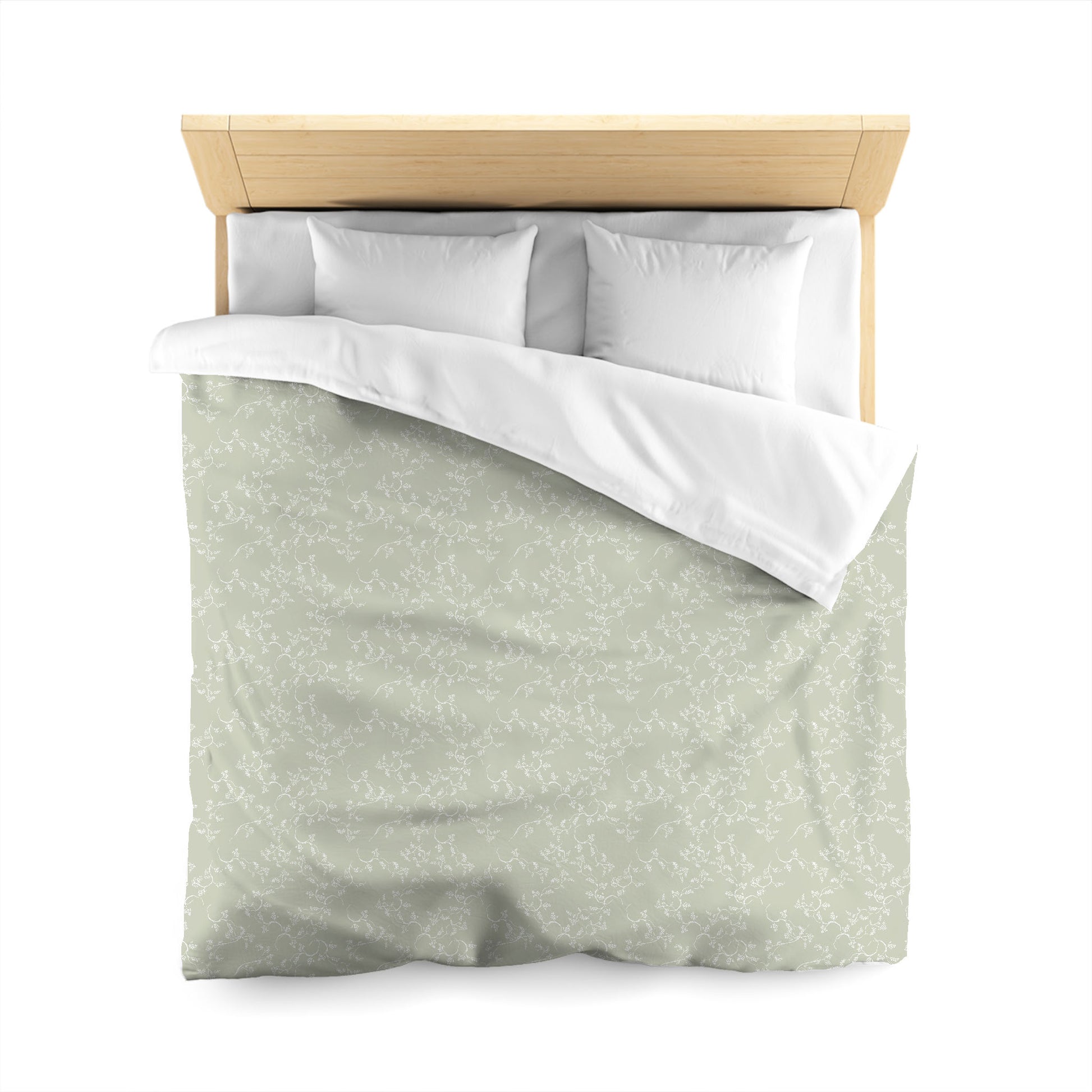 Pale Green Cotton Sateen Duvet Cover, Off-white Hand-painted Vine Print, CSDU-1241-182, Queen - 229 x 229 cm / 90 x 90 inches