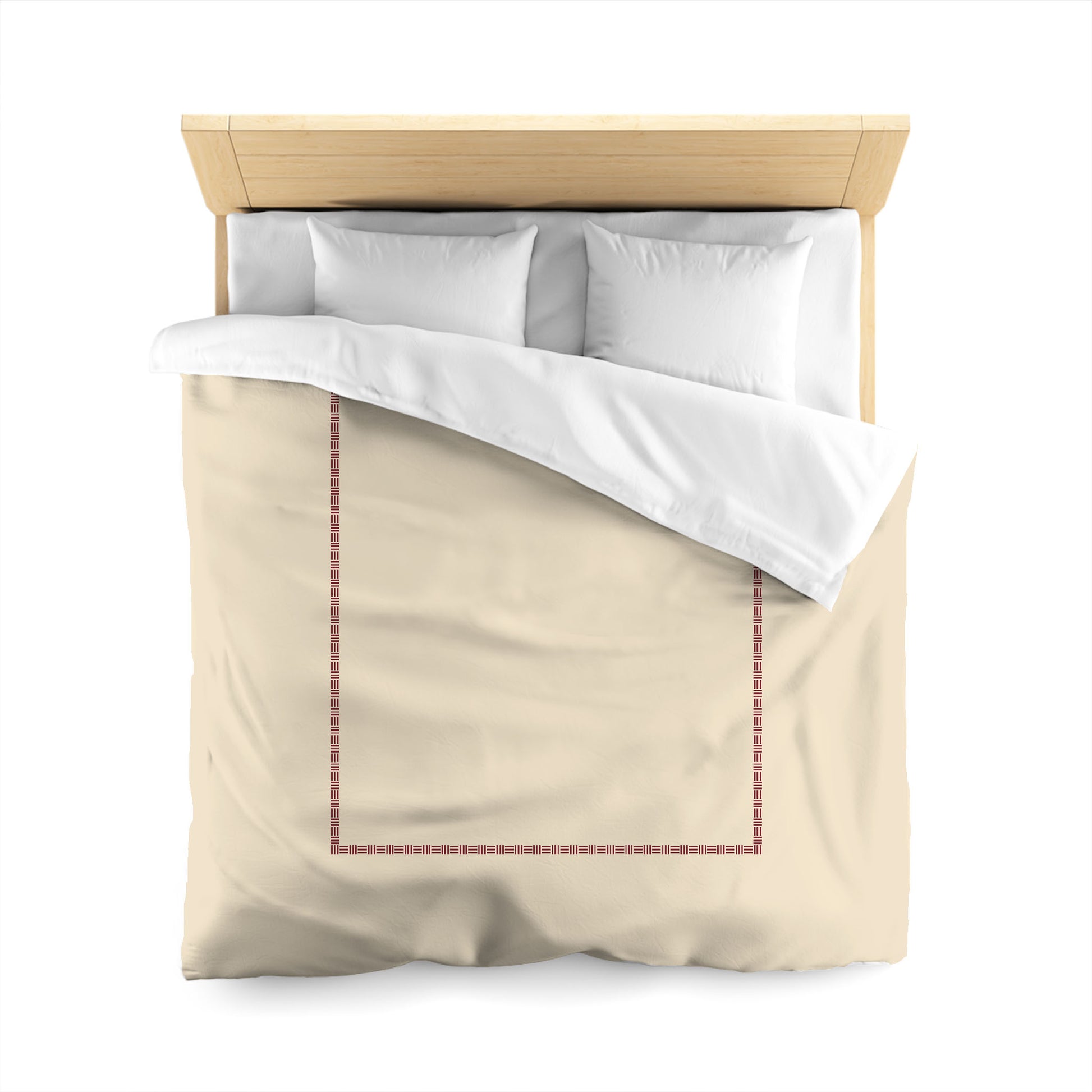 Beige Cotton Sateen Duvet Cover, Burgundy Red Single Weave Motif Print, Classic Border, CSDU-1285-141, Queen - 229 x 229 cm / 90 x 90 inches