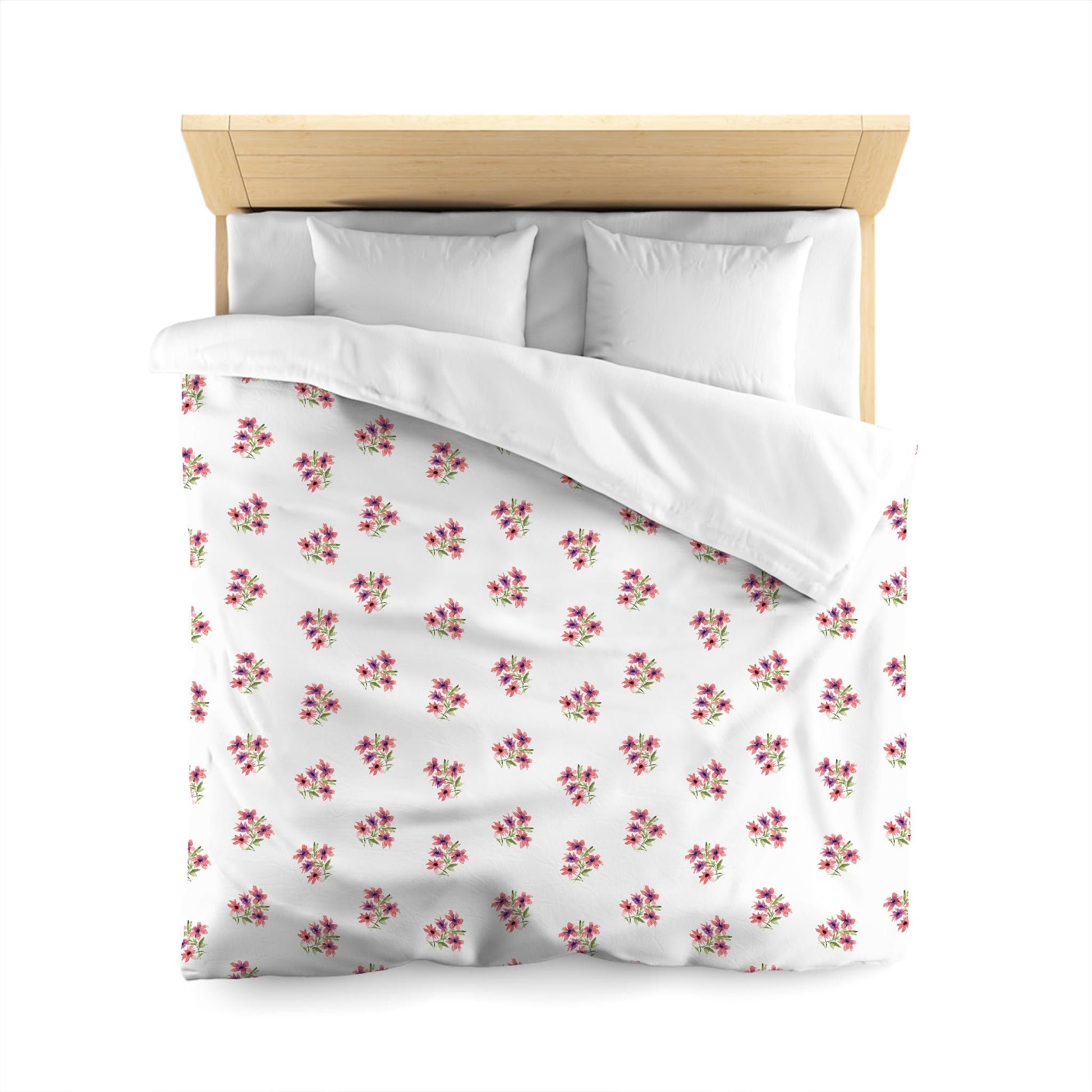 Off-White Cotton Sateen Duvet Cover, Medium Pink Floral Pattern, CSDU-1345, Queen - 229 x 229 cm / 90 x 90 inches