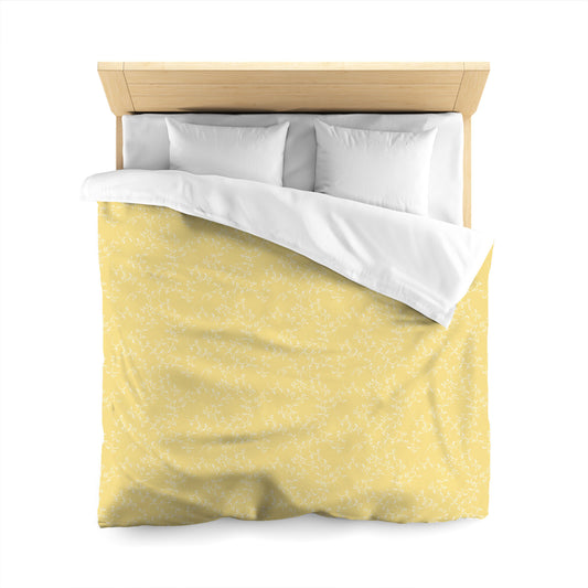 Yellow Cotton Sateen Duvet Cover, Off-white Hand-painted Vine Print, CSDU-1381-182, Queen - 229 x 229 cm / 90 x 90 inches
