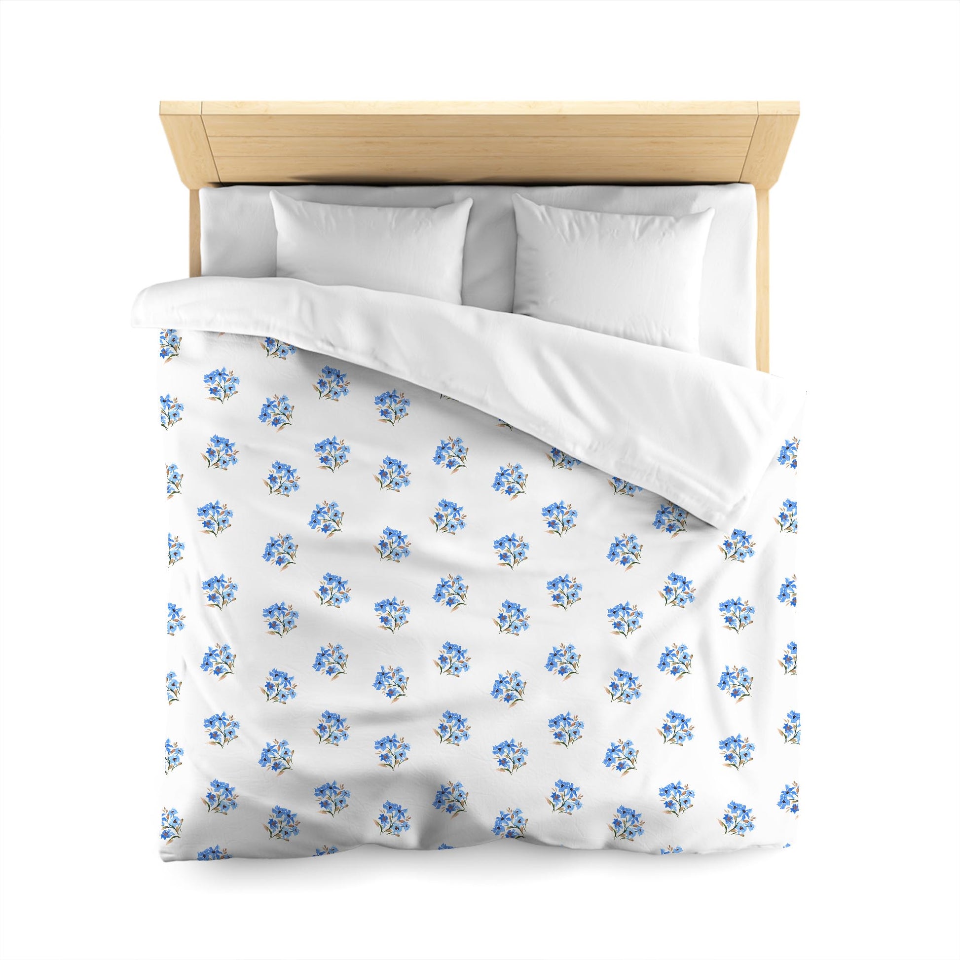 Off-White Cotton Sateen Duvet Cover, Medium Blue Floral Pattern, CSDU-1405, Queen - 229 x 229 cm / 90 x 90 inches