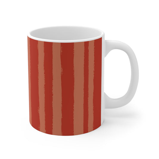 White Ceramic Mug with Bold Vertical Brush Stroke Print in Two-tone Red-orange #CACM-1135-111