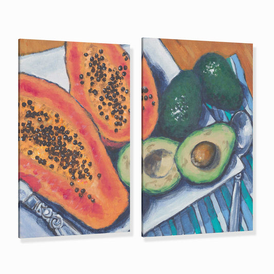 Papaya & Avocados #2105 Set of 2 Fine Art Canvas Prints - Panoramic Layout, 1.5-Inch Gallery Wrap