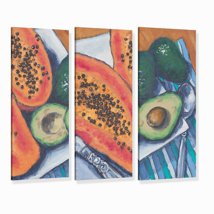 Papaya & Avocados #2105 Set of 3 Fine Art Canvas Prints - Panoramic Layout, 1.5-Inch Gallery Wrap