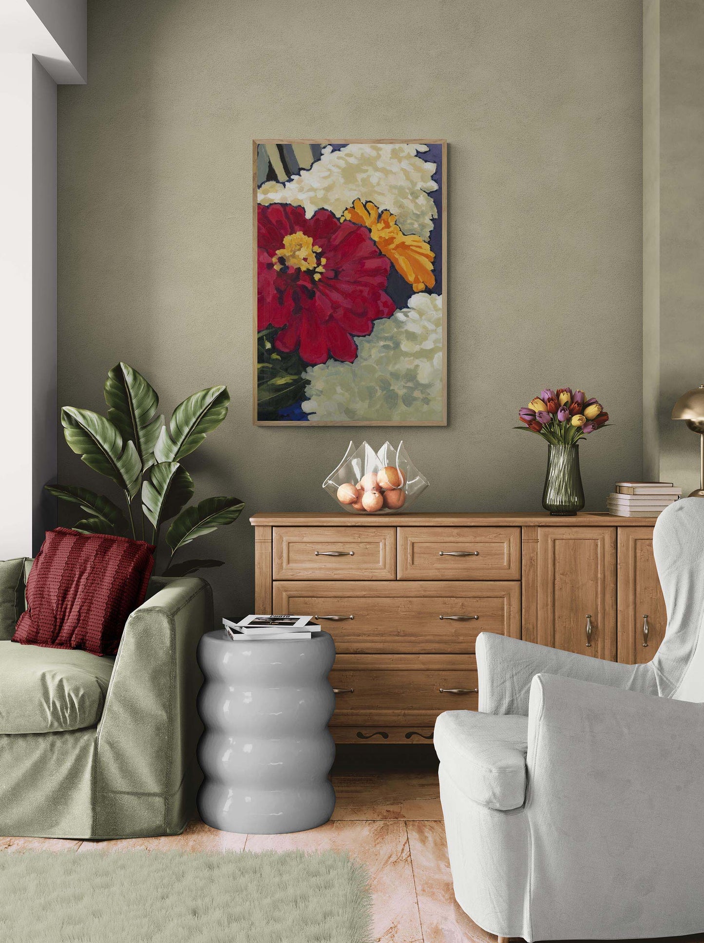 Hydrangeas & Zinnias #1030-002 Fine Art Stretched Canvas Print - Tall Vertical Layout, 1.5-Inch Gallery Wrap