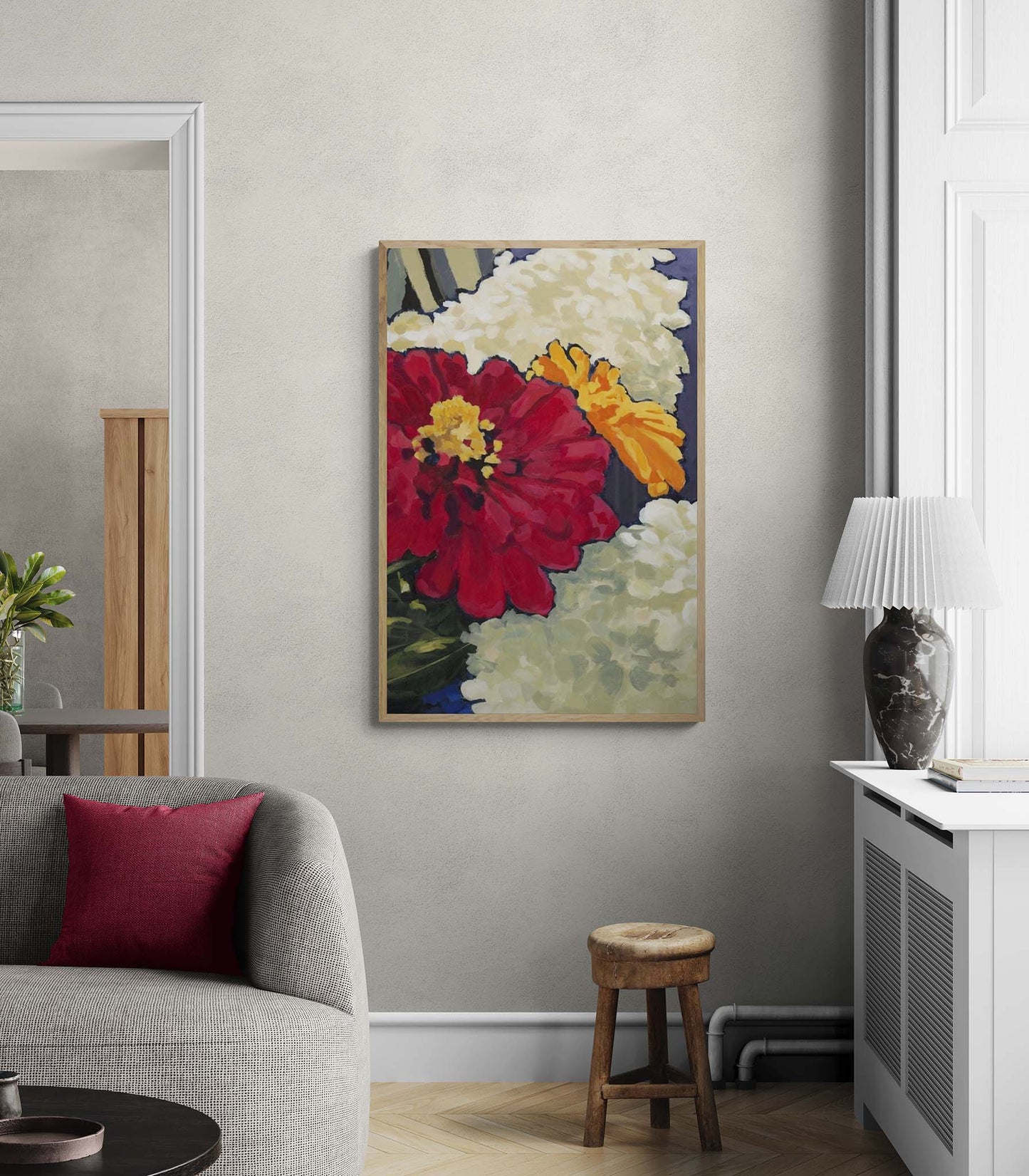 Hydrangeas & Zinnias #1030-002 Fine Art Stretched Canvas Print - Tall Vertical Layout, 1.5-Inch Gallery Wrap