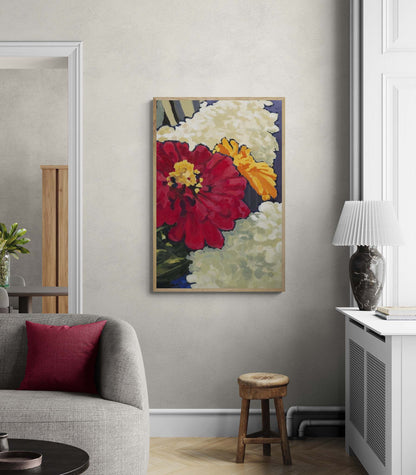 Hydrangeas & Zinnias #1030-002 Fine Art Stretched Canvas Print - Tall Vertical Layout, 1.5-Inch Gallery Wrap