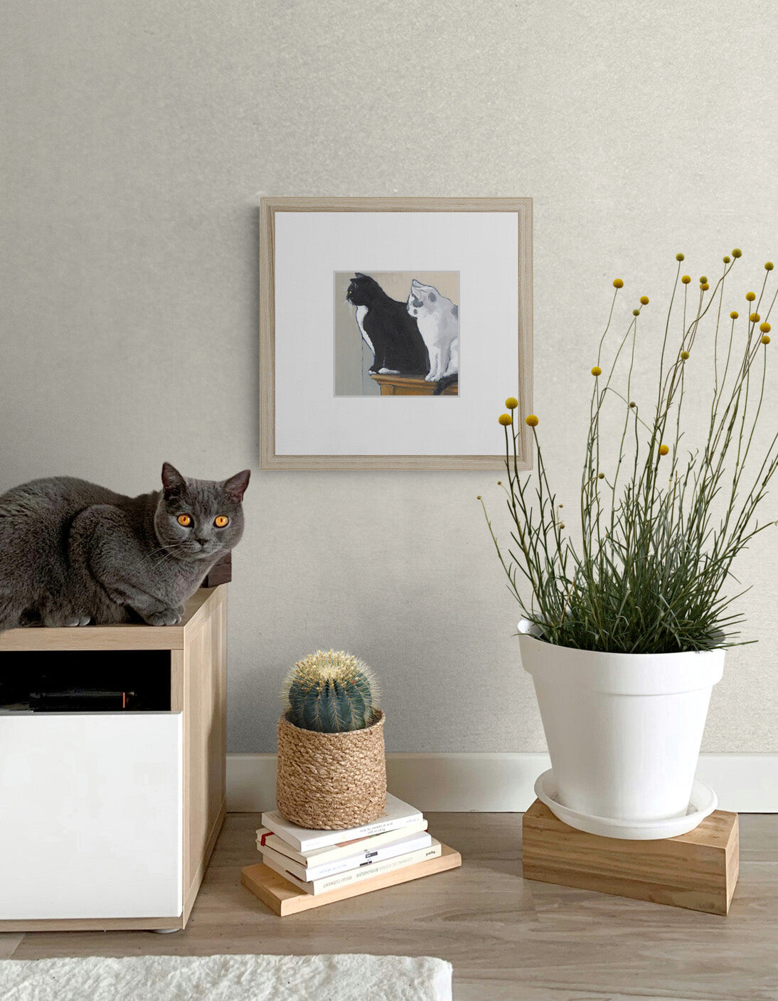 Black Cat White Cat #2122 Framed Fine Art Print - Black & White Cats Design, Square Layout with Faux Mat Board