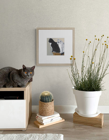 Black Cat White Cat #2122 Framed Fine Art Print - Black & White Cats Design, Square Layout with Faux Mat Board