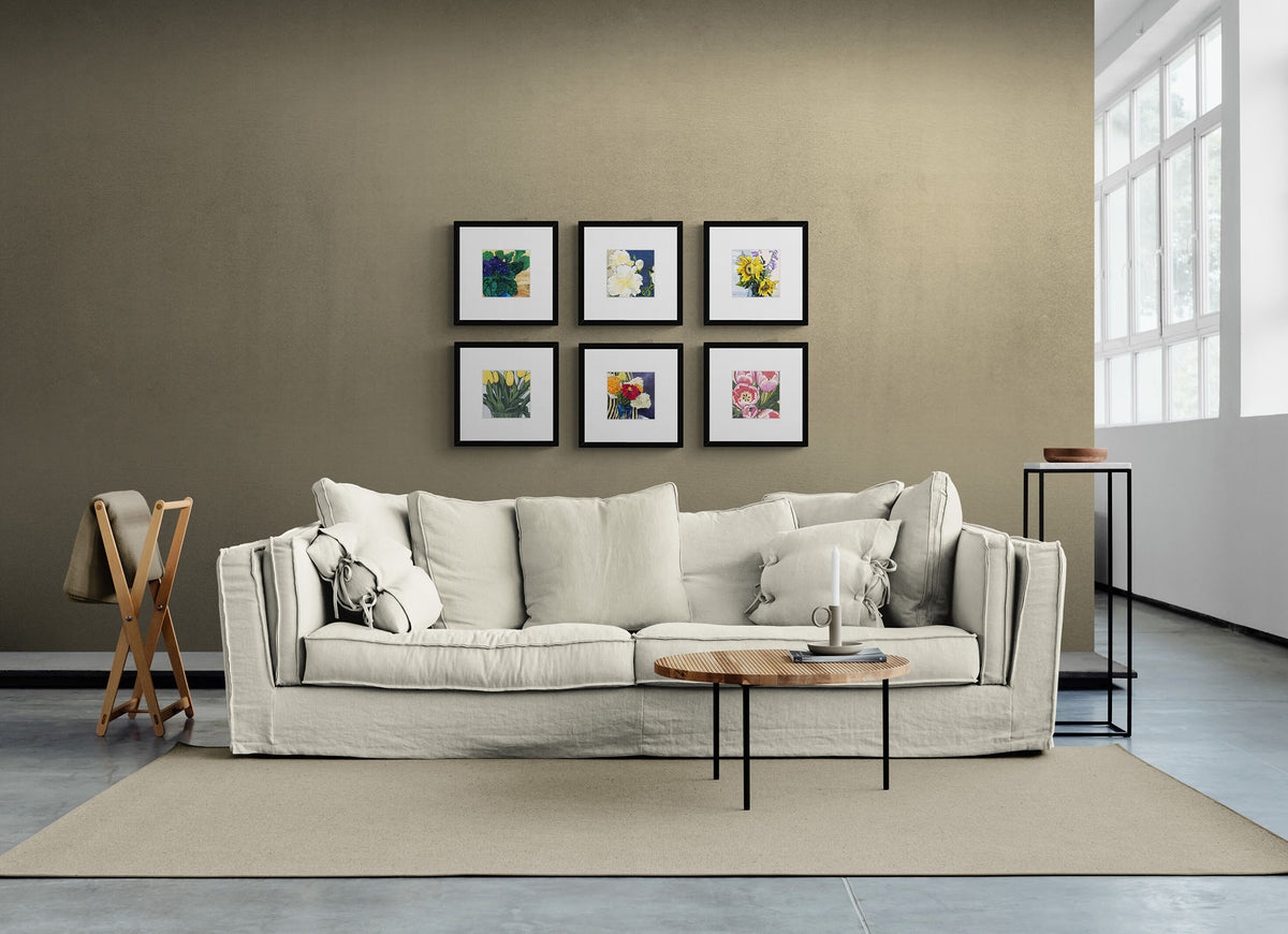 Six Framed Fine Art Prints with Faux Mat Board | Styled in Relaxed Coastal Living Room with Oversized Cream Linen Sofa, Taupe Plaster Wall and Concrete Tile Floor