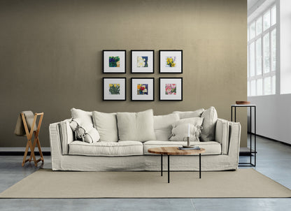 Six Framed Fine Art Prints with Faux Mat Board | Styled in Relaxed Coastal Living Room with Oversized Cream Linen Sofa, Taupe Plaster Wall and Concrete Tile Floor