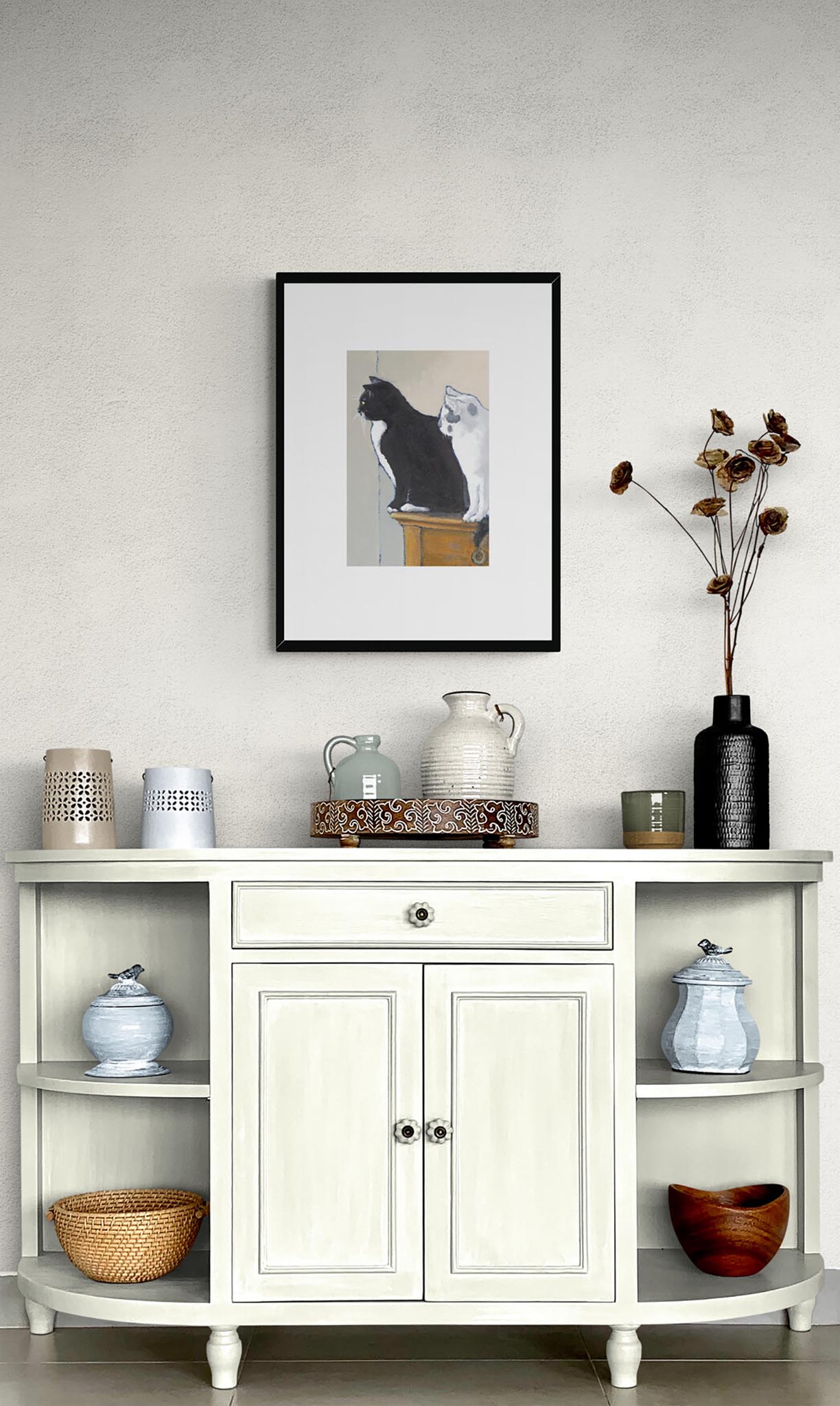 Black Cat White Cat #2122 Framed Fine Art Print - Black & White Cats Design, Vertical Layout with Faux Mat Board