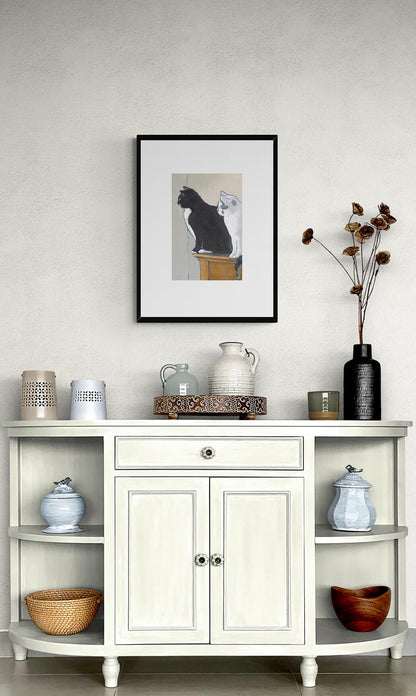 Black Cat White Cat #2122 Framed Fine Art Print - Black & White Cats Design, Vertical Layout with Faux Mat Board