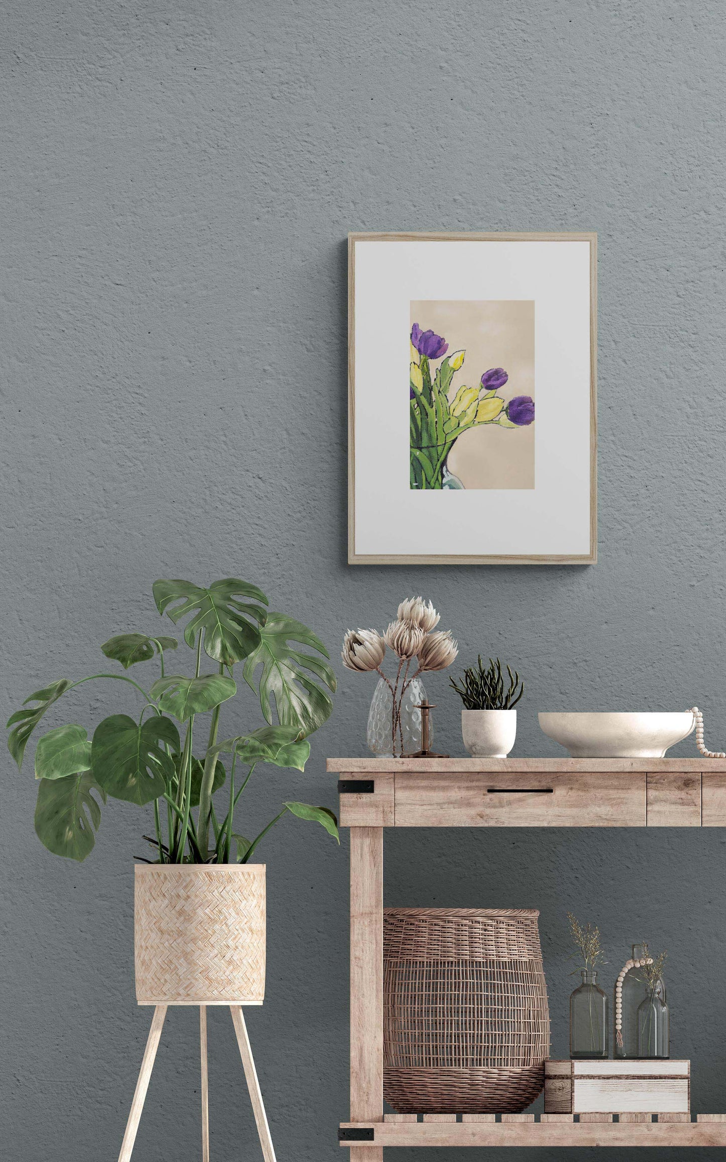 Purple & Yellow Tulips #1060 Framed Fine Art Print - Tulips Design, Vertical Layout with Faux Mat Board