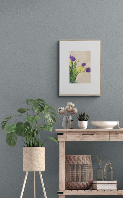 Purple & Yellow Tulips #1060 Framed Fine Art Print - Tulips Design, Vertical Layout with Faux Mat Board