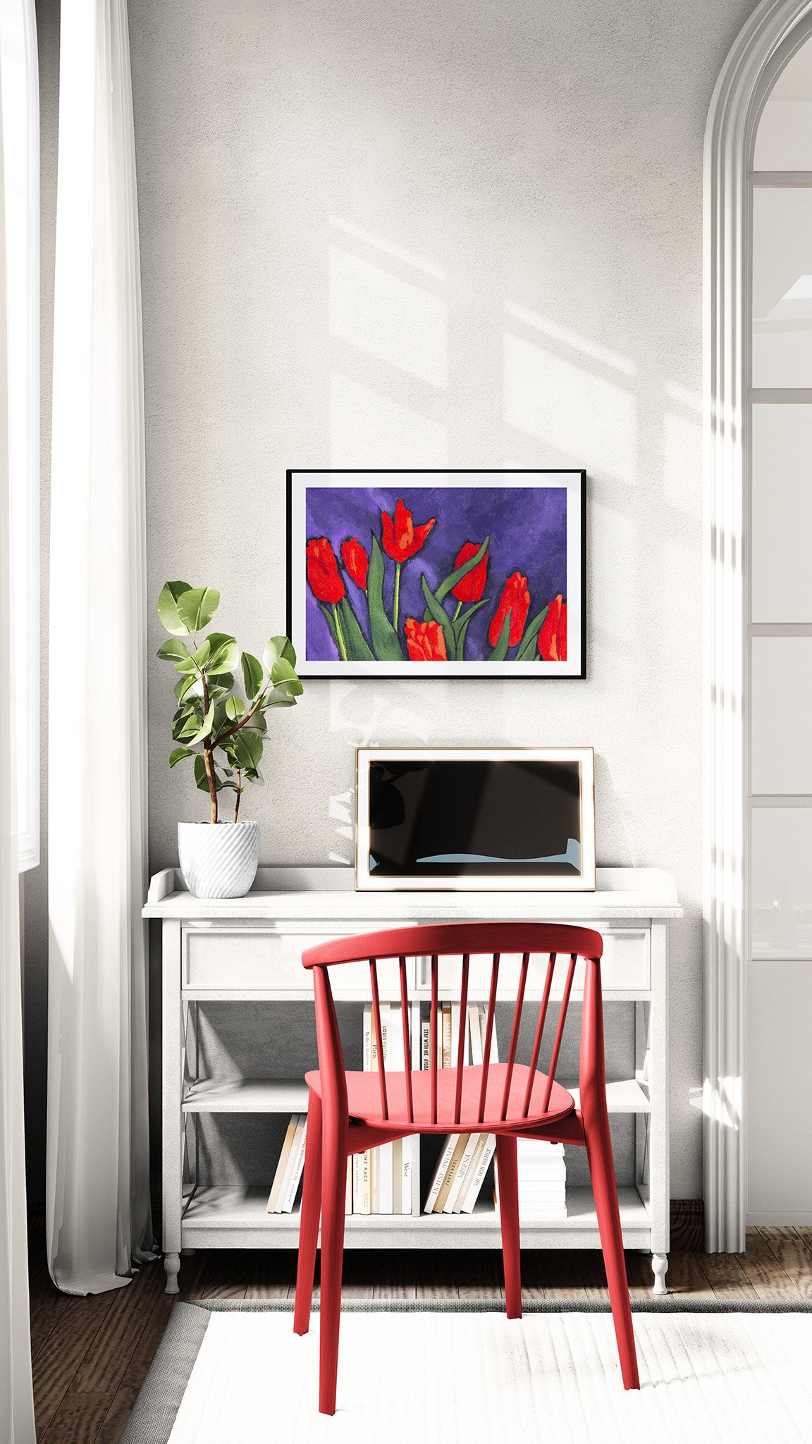 Red Tulips #1111-001 Framed Fine Art Print - Tulip Bouquet Design, Horizontal Layout, 2-Inch Premium Gallery Matting