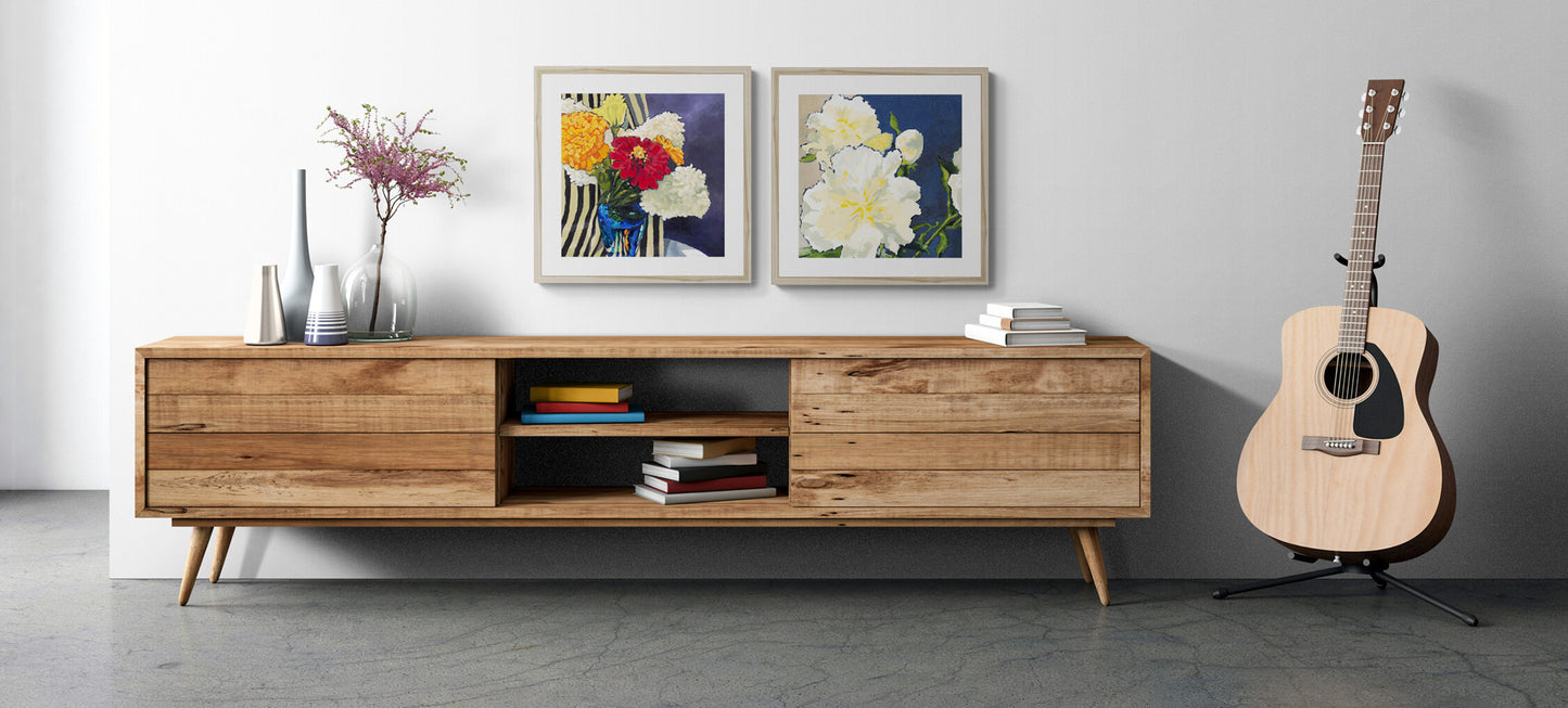 Hydrangeas & Zinnias #1030 Framed Fine Art Print - Panoramic Layout with 2-Inch Premium Gallery Matting