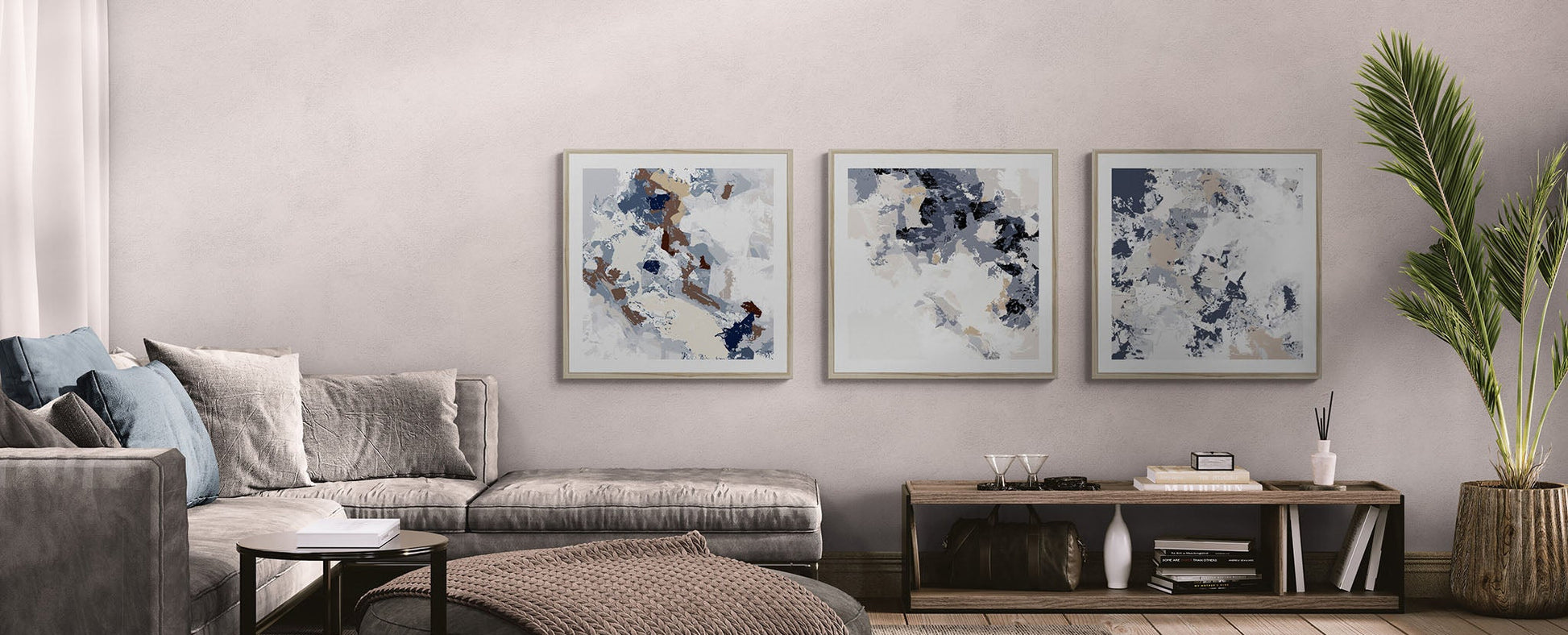 Living room with gray sofa, coffee table, and abstract art on the wall.