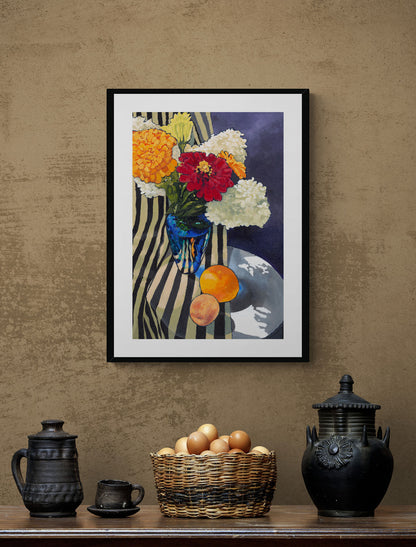 Hydrangeas & Zinnias #1030-001 Framed Fine Art Print - Vertical 2-Inch Premium Gallery Matting