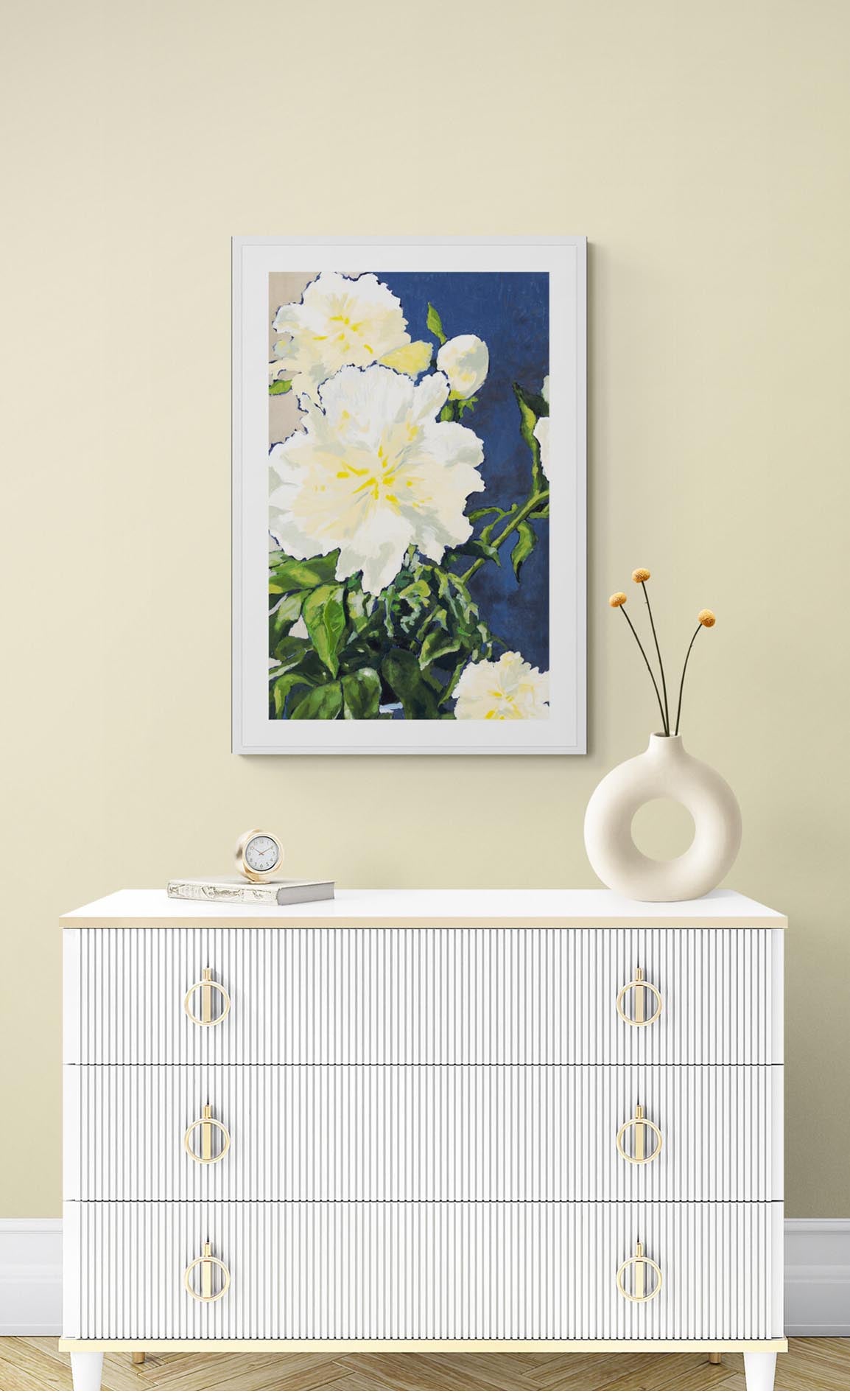 White Peonies, Focues Design Two #1050-002 Framed Fine Art Print - Vertical 2-Inch Premium Gallery Matting
