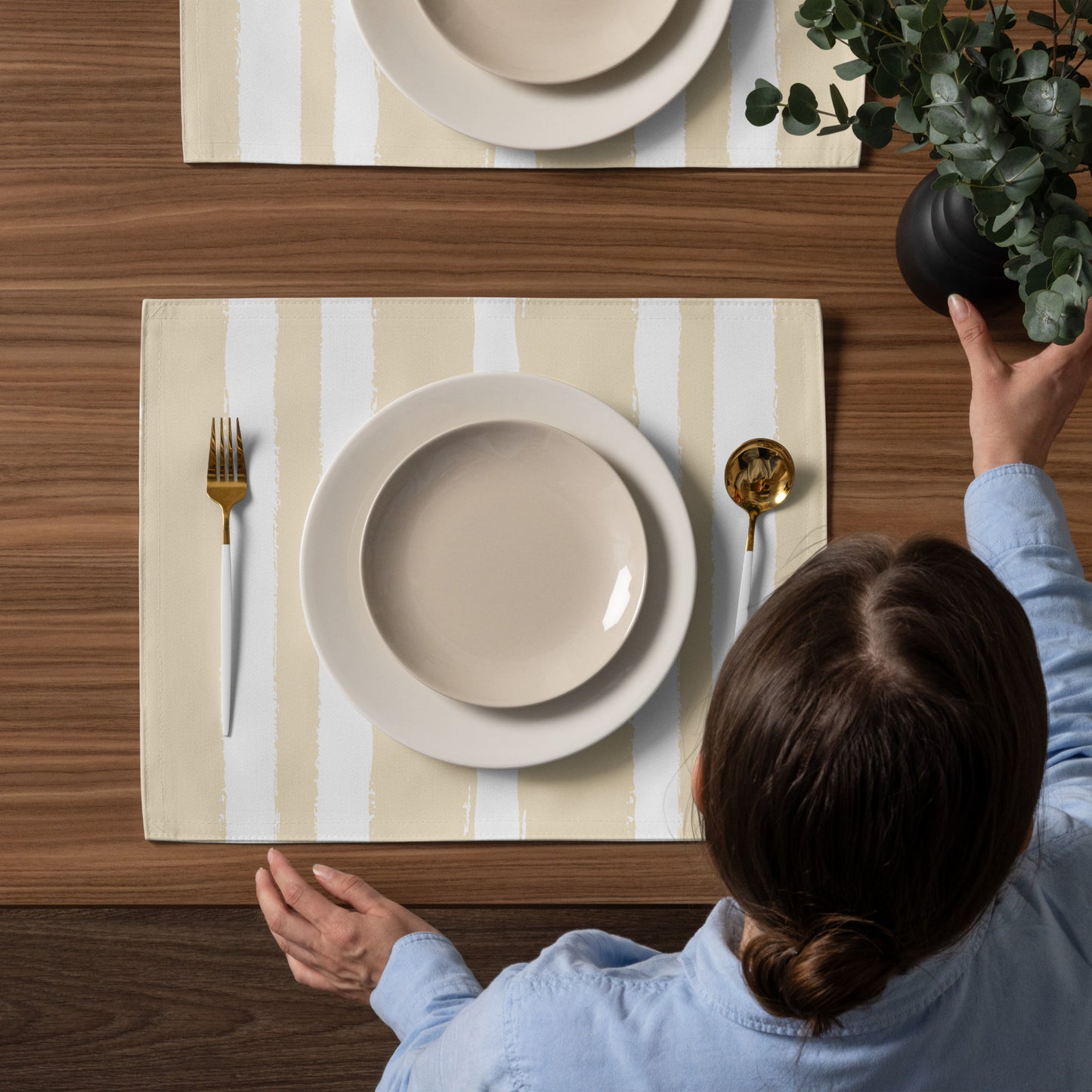 White Polyester Placemats with Hand-painted Tan Brush Stroke Print — Set of 4 #CABS-1032
