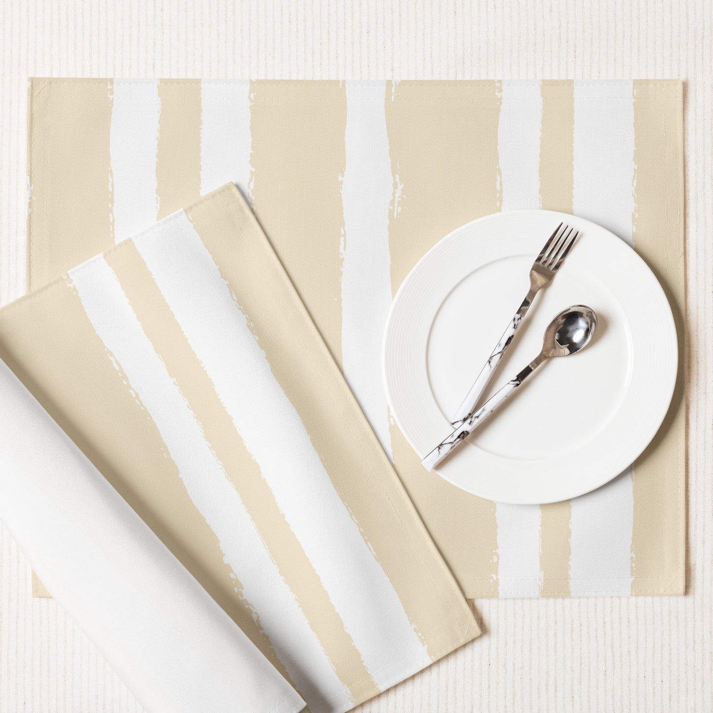 White Polyester Placemats with Hand-painted Tan Brush Stroke Print — Set of 4 #CABS-1032
