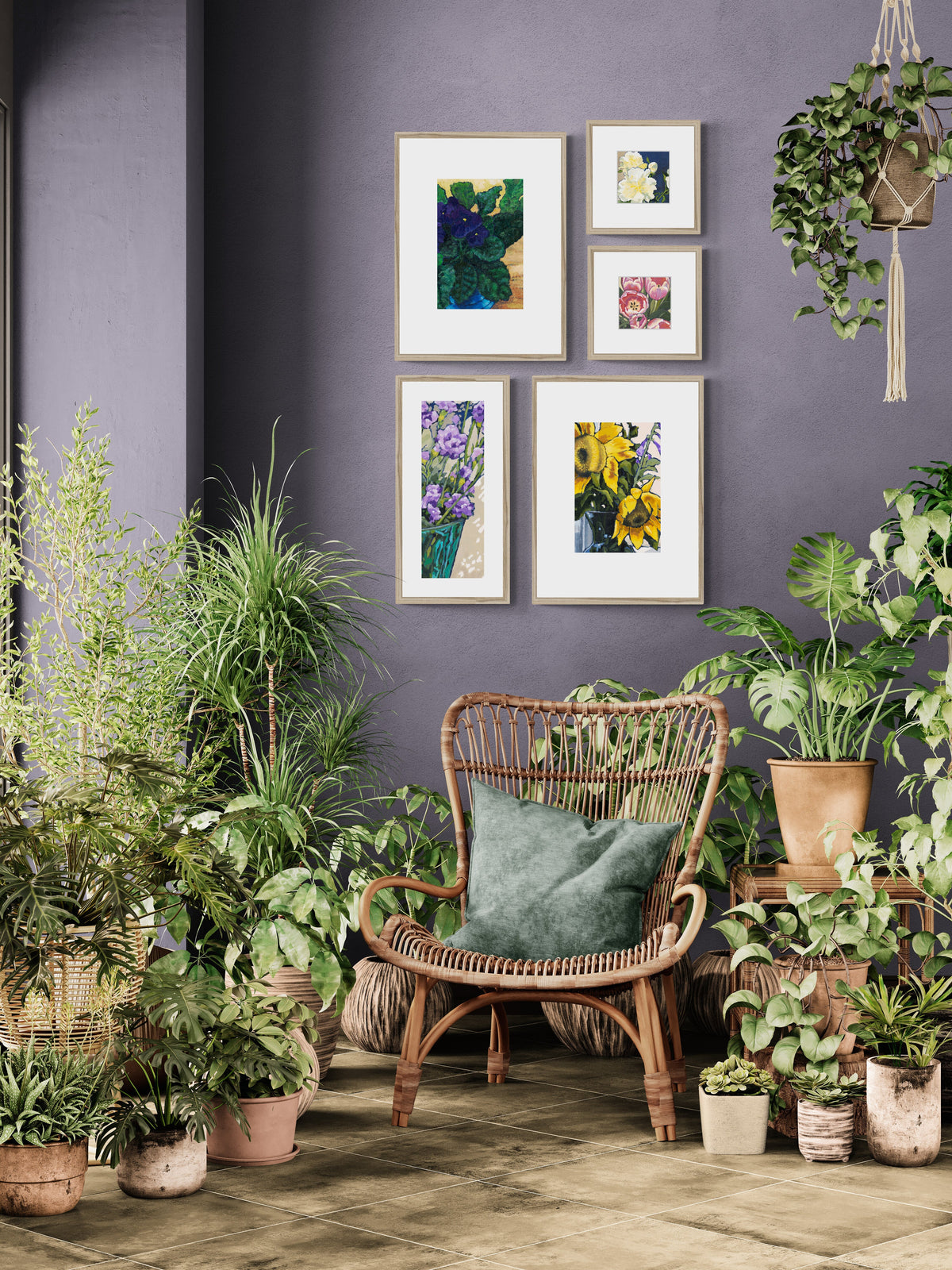 African Violets, White Peonies, Pink Tulips, Mauve Carnations & Sunflowers Fine Art Print Gallery Wall | Styled in Moody Slate-Purple Botanical Sanctuary with Rattan Peacock Chair, Teal Velvet Cushion, Hanging Macramé Planter and Lush Indoor Jungle
