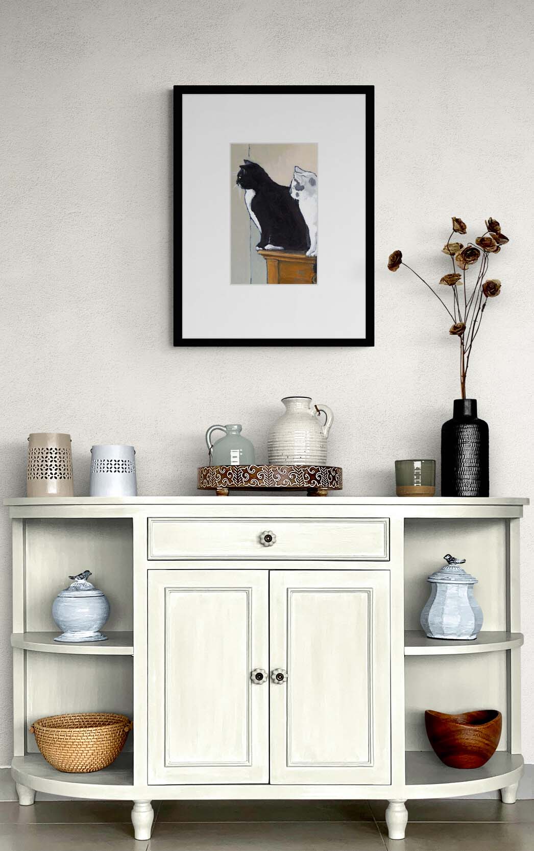 Black Cat White Cat Fine Art Print with Faux Mat Board | Styled in Classic French Country Entryway with Cream Painted Sideboard, Dried Cotton Stems and Artisan Ceramic Vessels