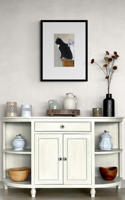 Black Cat White Cat Fine Art Print with Faux Mat Board | Styled in Classic French Country Entryway with Cream Painted Sideboard, Dried Cotton Stems and Artisan Ceramic Vessels